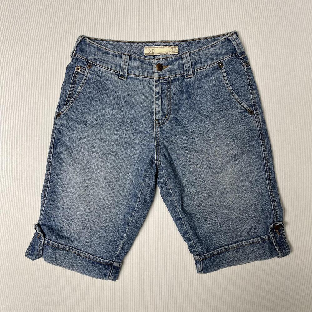 Bella Dahl Shorts Womens 26 Blue Denim Bermuda 9 Inseam Roll Cuff Button Tab Hem